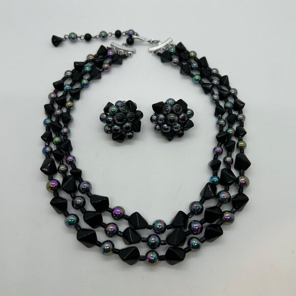 Japan Jewelry - Vintage Japan Black Iridescent Bead Necklace Clip-On Earrings Set Elegant READ